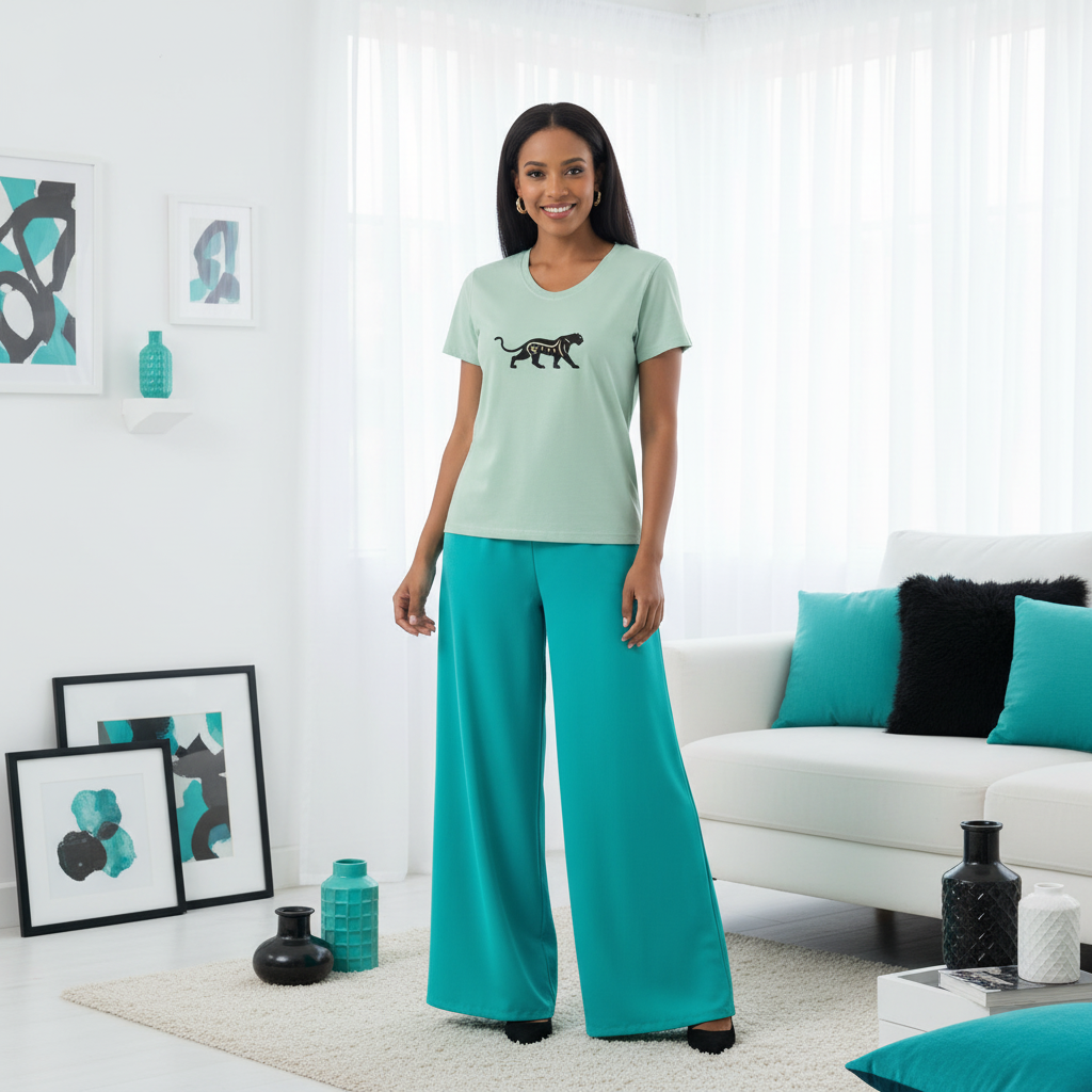 Stylish woman in mint panther t-shirt with turquoise wide-leg pants