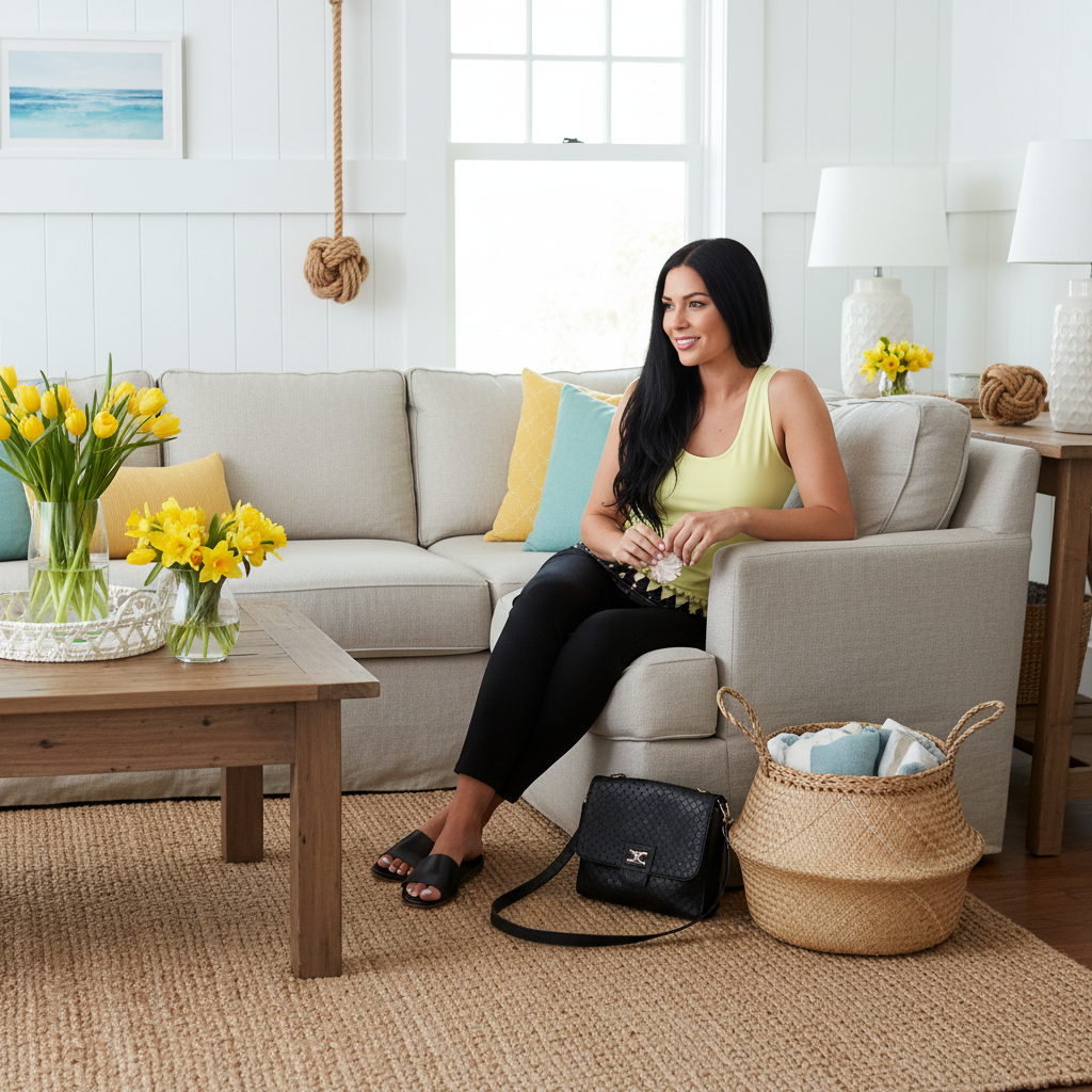 Stylish woman with black hair in yellow black geometric tank top in coastal living room