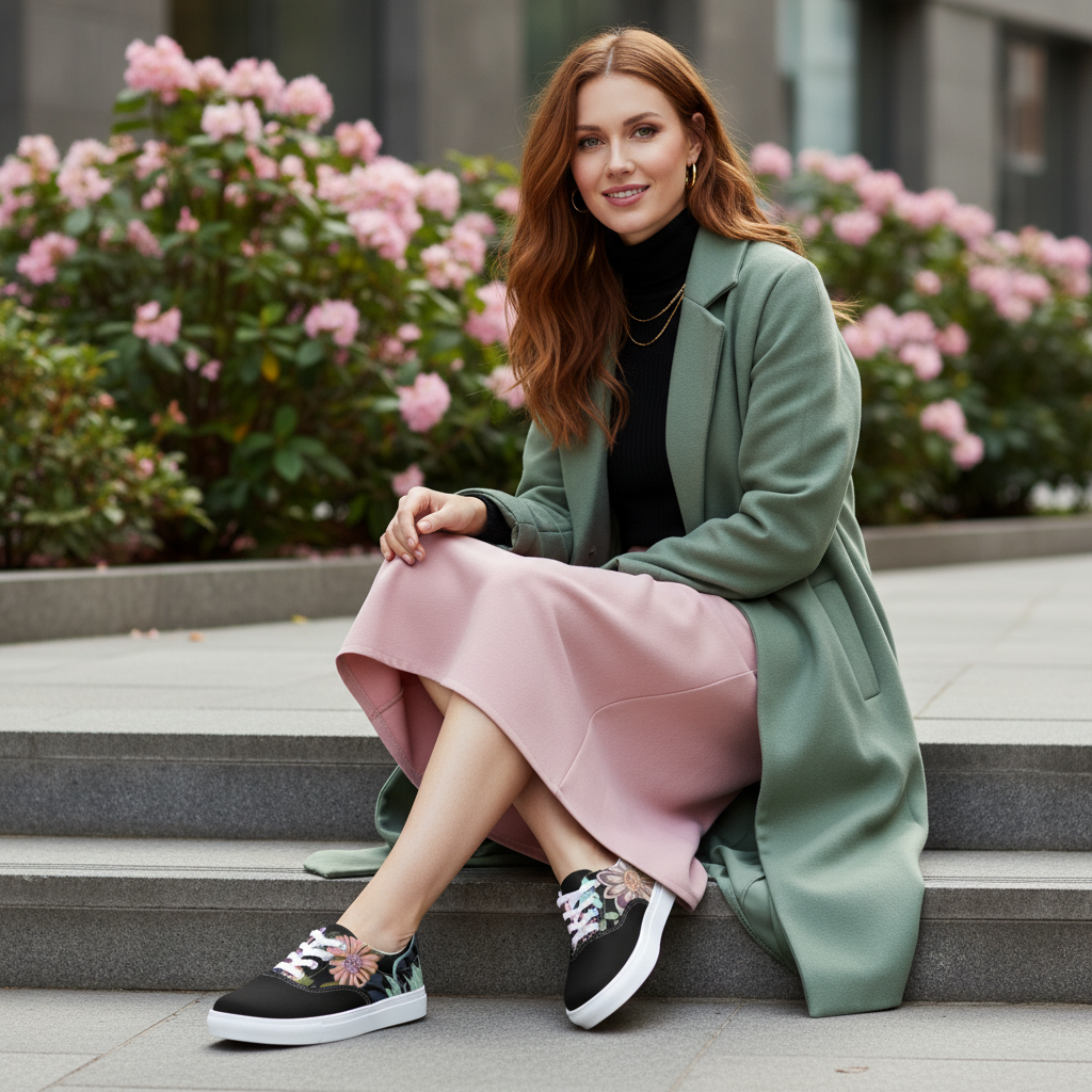 Stylish woman with long hair in pink midi skirt black turtleneck sage coat with floral shoes