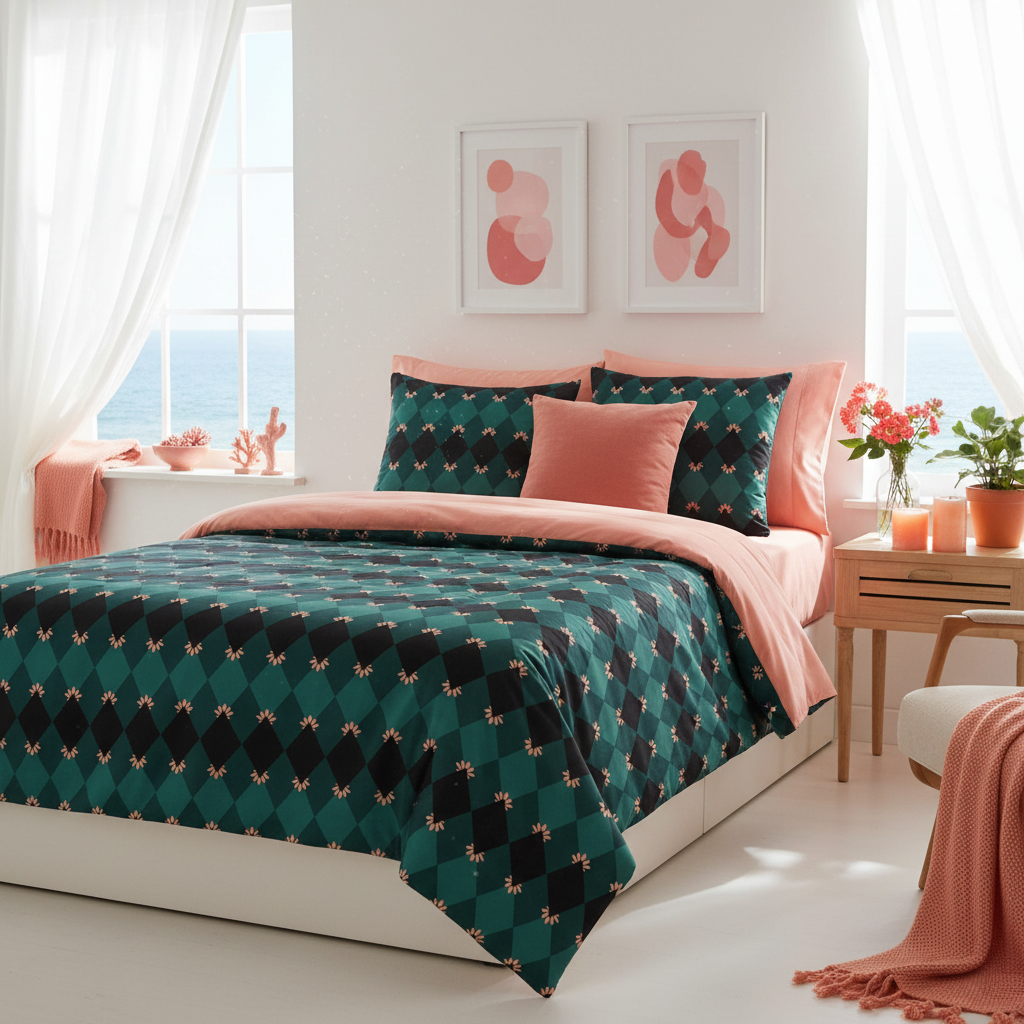 Sunny coastal bedroom with emerald green mosaic comforter, twin bed, white walls with framed art in salmon pink, coral and emerald tones, white curtains, lots of coral pink and peach accents - salmon pink pillows, peach candles, coral pink flowers, green plants, bright sunlight