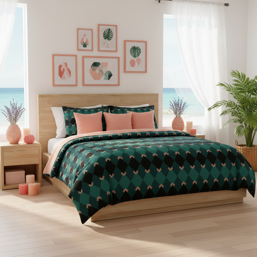 Sunny coastal bedroom with emerald mosaic comforter and pillows, white walls with curated framed artwork in salmon pink, coral and emerald tones, white curtains, peach throw pillows, coral pink vases and candles, green plants, bright sunlight