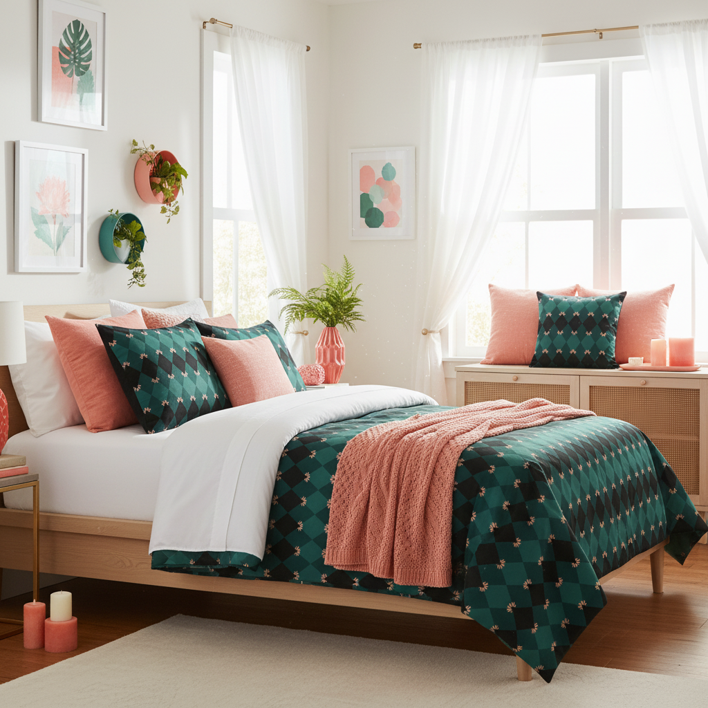 Sunny coastal bedroom with emerald mosaic comforter, twin bed, white walls and curtains, abundant coral pink and peach decorative pillows, salmon pink throw, framed artwork in coral and emerald tones, green plants, coral pink candles and vases, warm sunlight