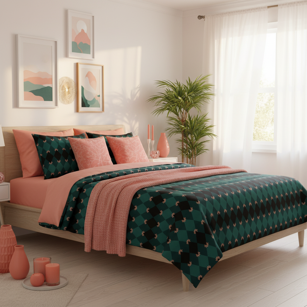 Sunny coastal bedroom with emerald mosaic comforter, white walls and curtains, abundant coral pink and peach decorative pillows, salmon pink throw, framed artwork in coral and emerald tones, green plants, coral pink candles and vases, warm sunlight