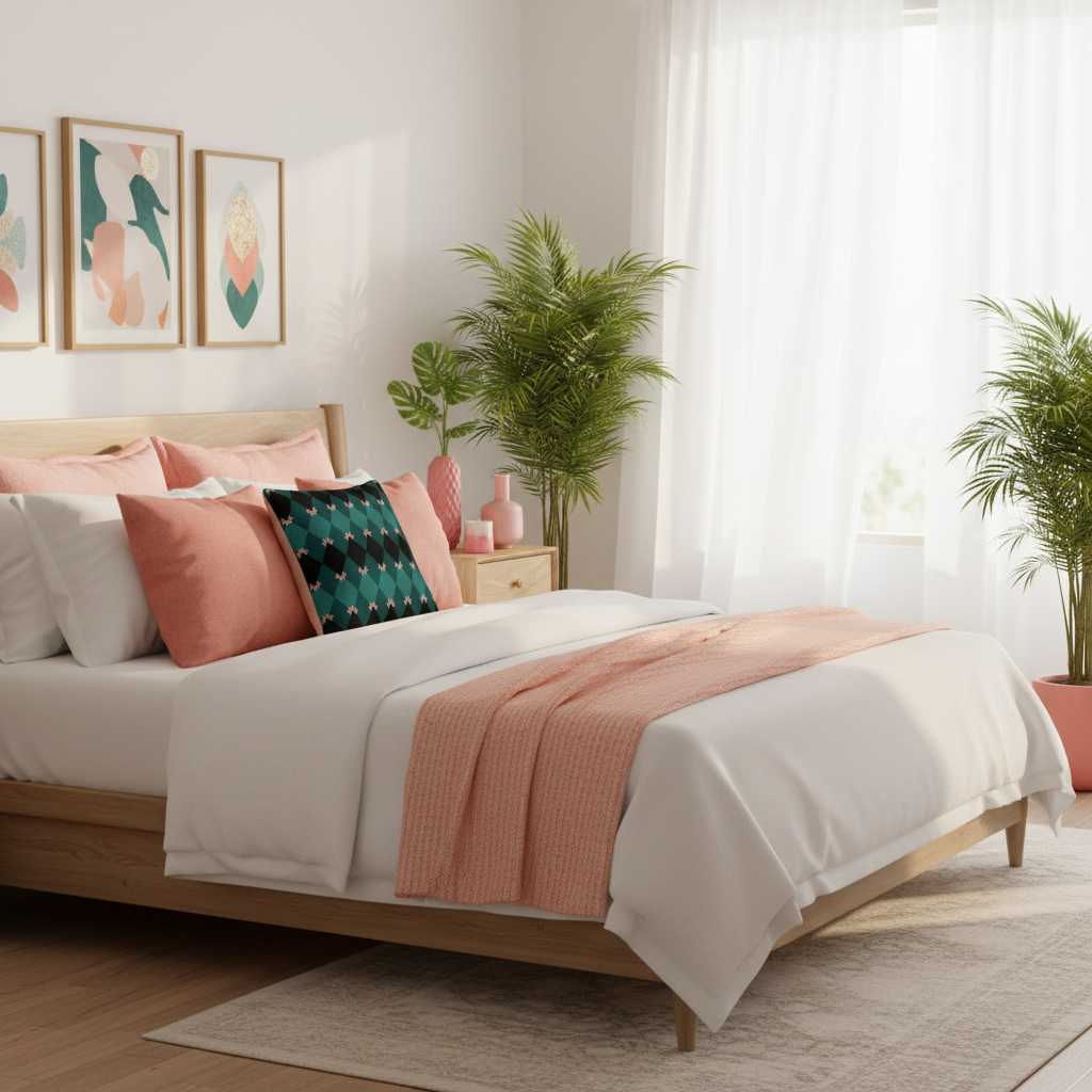 Sunny coastal bedroom with emerald mosaic decorative pillows on white bed, white walls and curtains, abundant coral pink and salmon pink accent pillows, peach throw blanket, framed artwork in coral and emerald tones, green tropical plants, coral pink candles and vases, warm sunlight