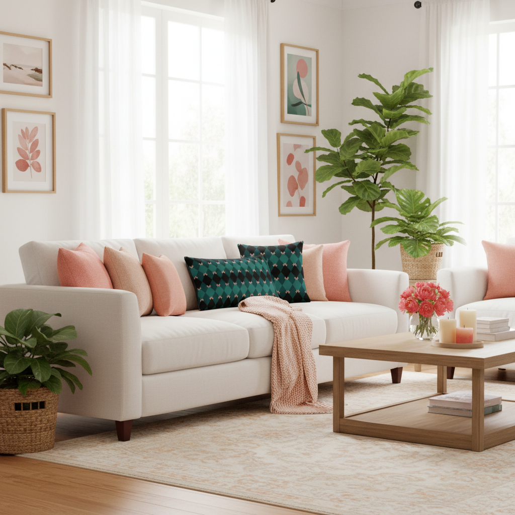 Sunny coastal living room with emerald green mosaic pillows on white sofa, white walls with gallery wall of framed art in salmon pink, coral and emerald tones, white curtains, lots of coral pink and peach decorative pillows, peach throw blanket, coral pink flowers and candles, green plants, bright sunlight