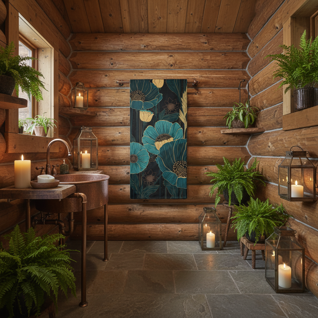 Teal and gold botanical beach towel hung fully open on a bronze towel rail in a luxury rustic log home bathroom with wood walls, stone floor, copper fixtures and warm candlelight