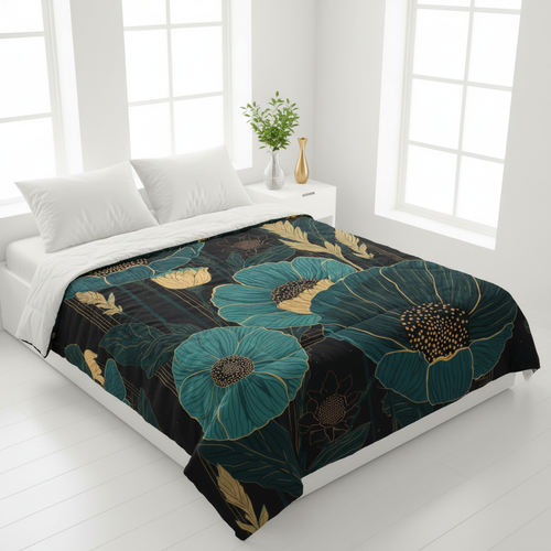 Teal and gold botanical floral comforter with large poppy design on black background spread on a white bed photographed from a slightly elevated angle in a bright airy white Scandinavian bedroom with abundant natural light