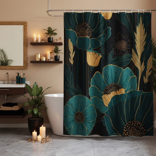 Teal and gold botanical floral shower curtain styled in a cozy luxury bathroom with gold mirror, teal ceramic accessories, black and gold towels, tropical plants and warm candlelight ambiance