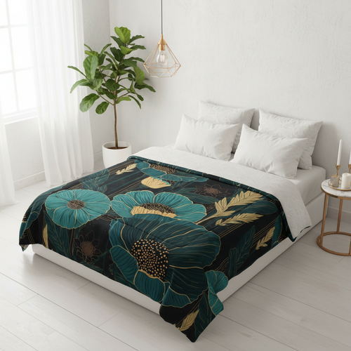 Teal and gold botanical poppy comforter as hero piece on a luxury bed photographed from elevated angle in a bright white bedroom with sheer linen curtains, fiddle leaf fig tree, gold pillar candles and pendant light