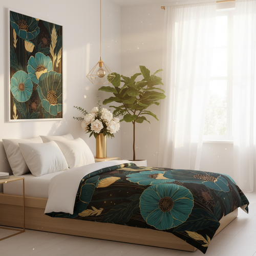 Teal and gold botanical poppy duvet cover on black background as breathtaking hero piece on a twin bed in a dreamy sun-drenched white bedroom with billowing sheer curtains, large botanical art print, fresh peonies and fiddle leaf fig