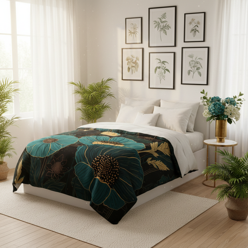 Teal and gold botanical poppy duvet cover on black background on a twin bed in a bright sunny white bedroom with framed botanical art prints, sheer linen curtains, fresh teal flowers in gold vase and tropical plants