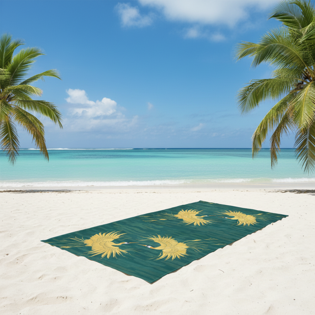 Teal and gold crane beach towel laid out on white sand beach with turquoise ocean