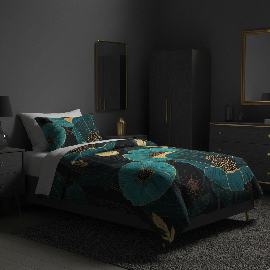 Teal and gold floral twin comforter in dark bedroom