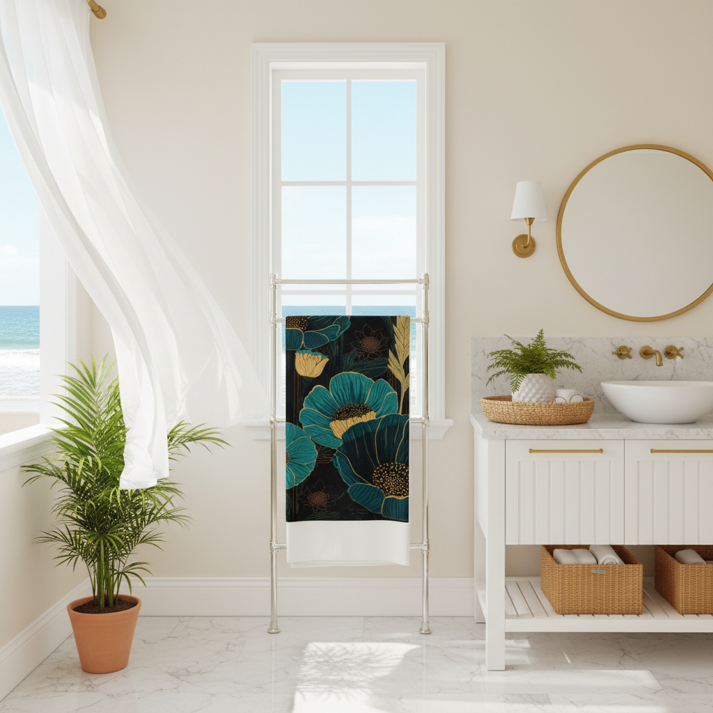 Teal floral beach towel laid out in luxurious light coastal bathroom