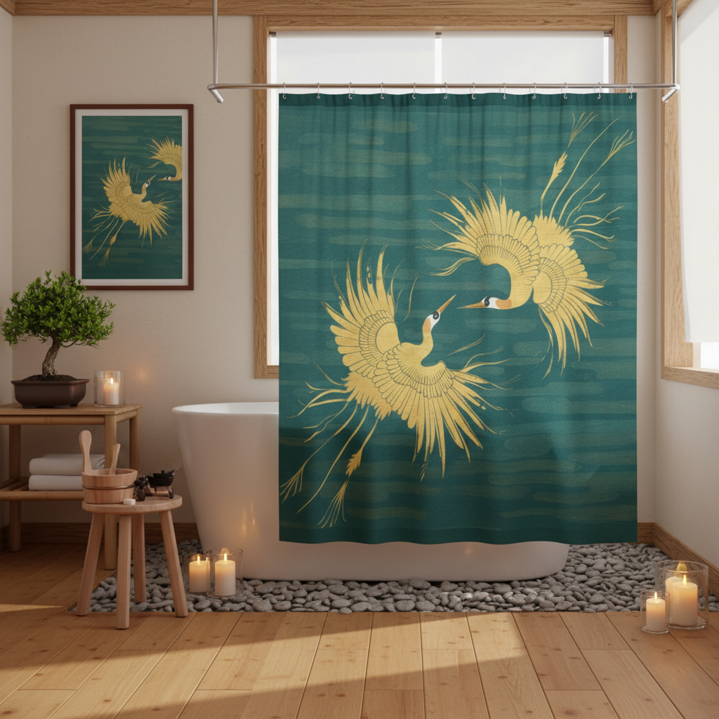 Tranquil Japanese bathroom with teal gold crane shower curtain bamboo elements and crane artwork
