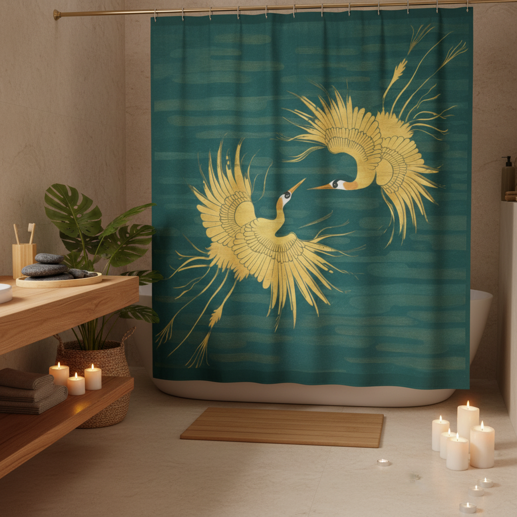 Tranquil spa-like bathroom with teal and gold crane shower curtain bamboo and candlelight