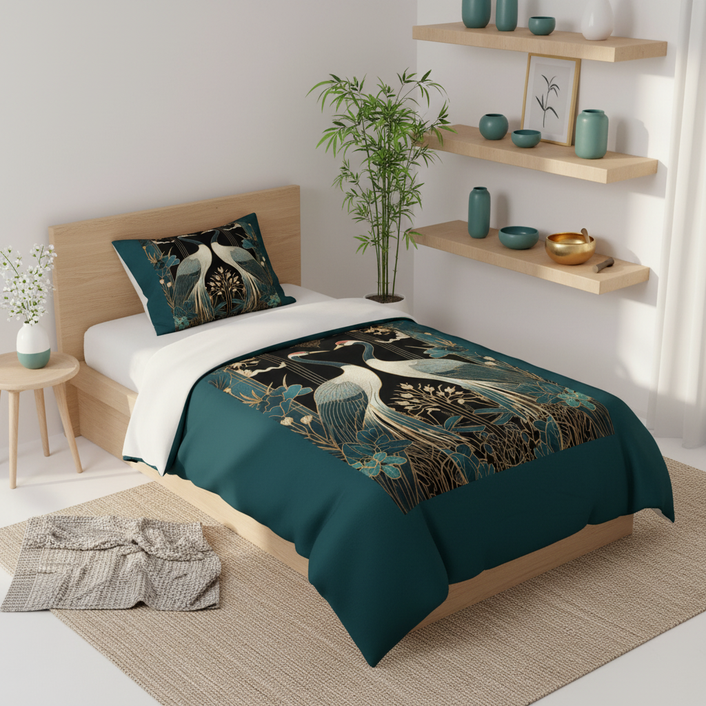 Tranquil zen bedroom twin bed with bamboo and art