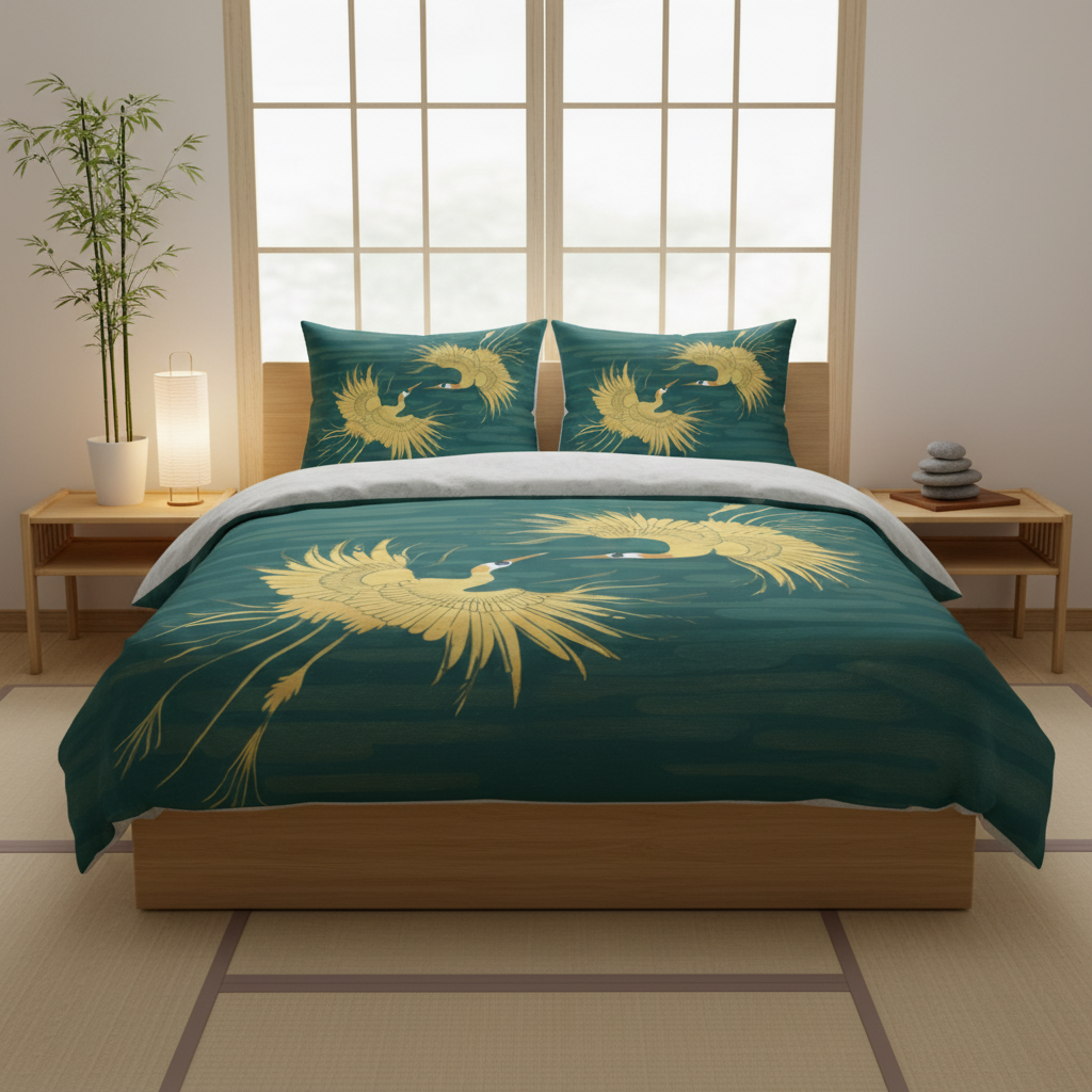 Tranquil zen bedroom with teal and gold crane duvet cover and matching throw pillows