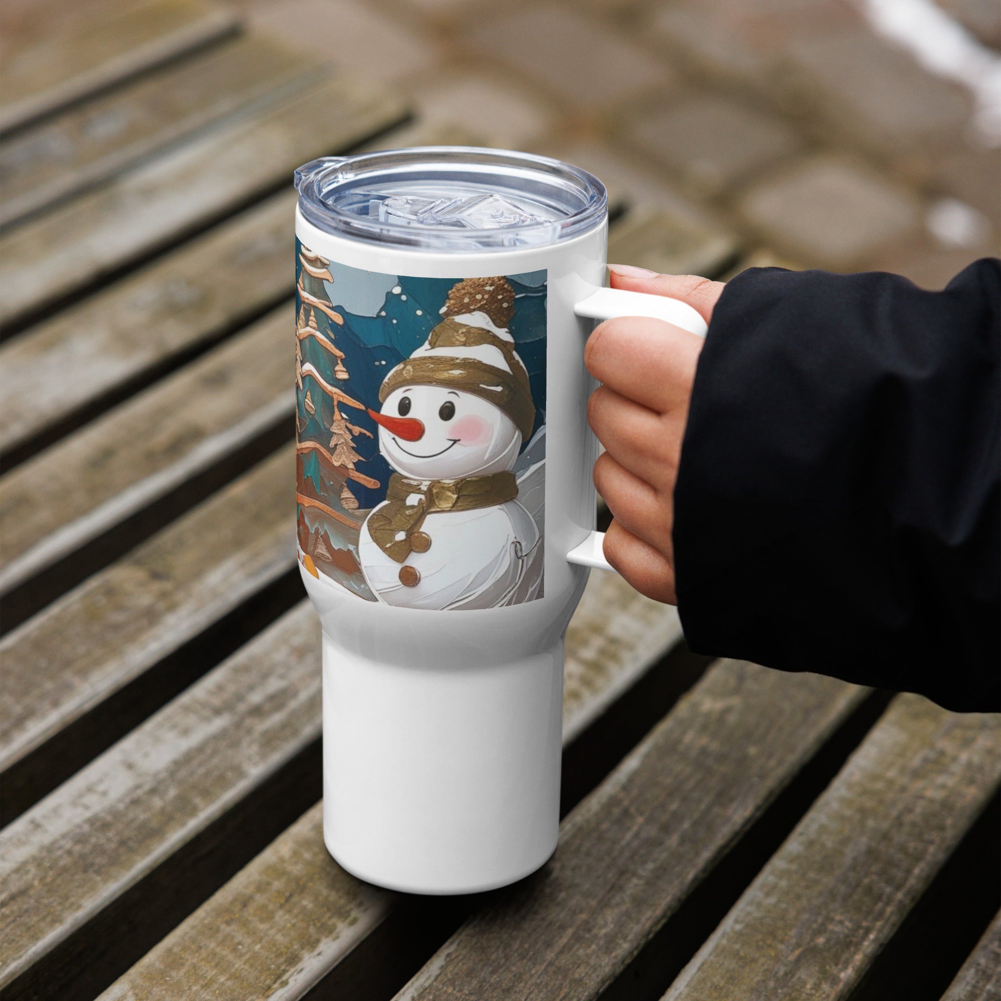 Snowman's Christmas Travel mug with a handle