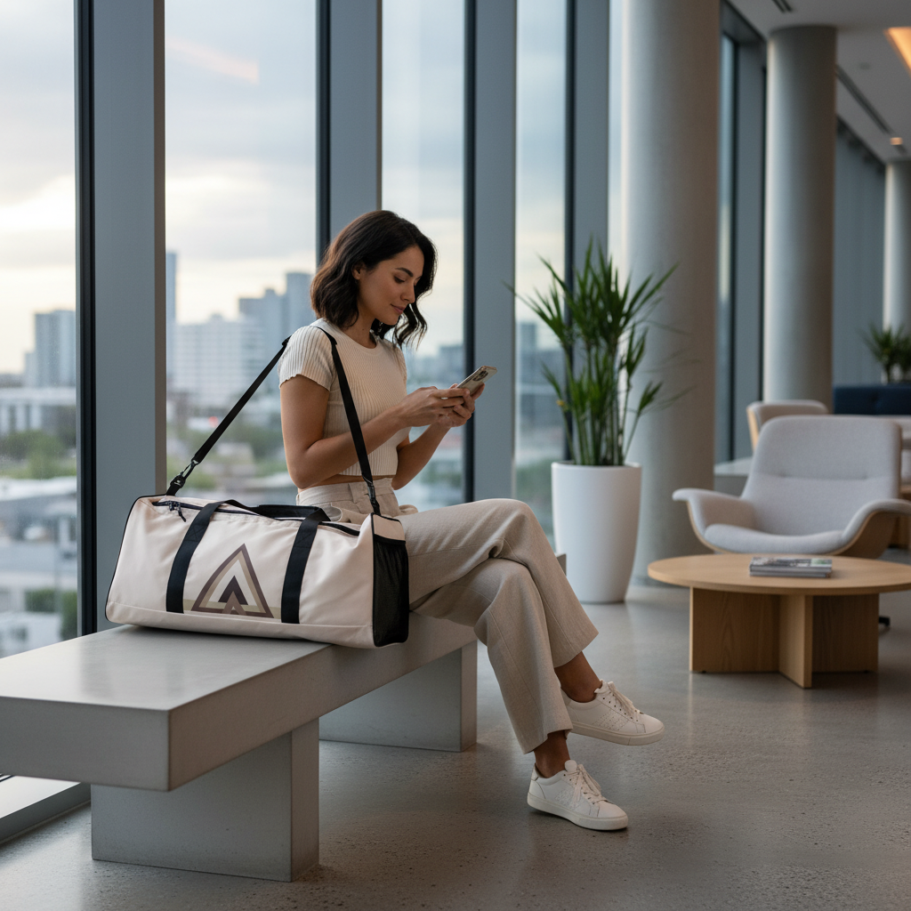 Sac de voyage à motifs géométriques beiges en forme de triangles