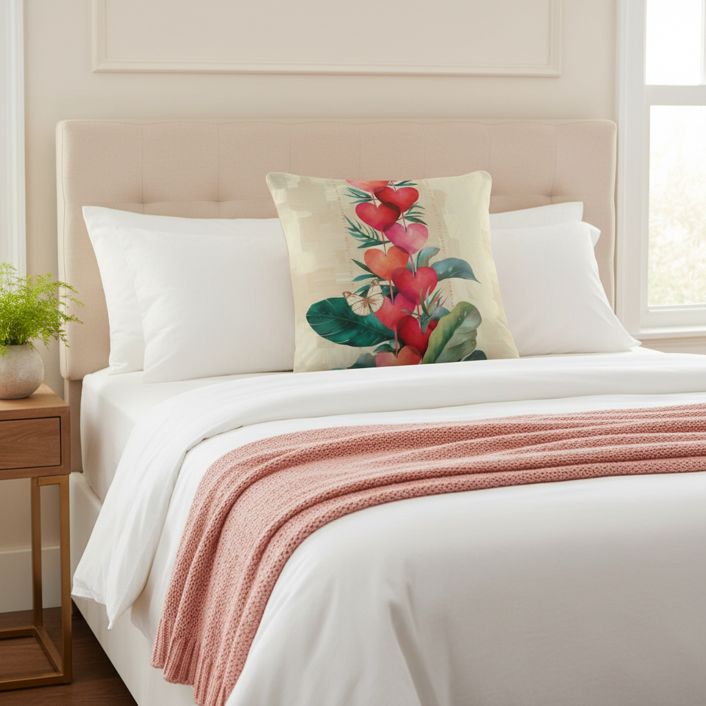Tropical hearts pillow bedroom cream pink