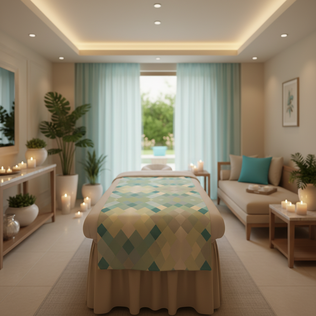 Turquoise cream geometric beach towel in luxury spa hotel wellness room turquoise beige color scheme massage table serene atmosphere