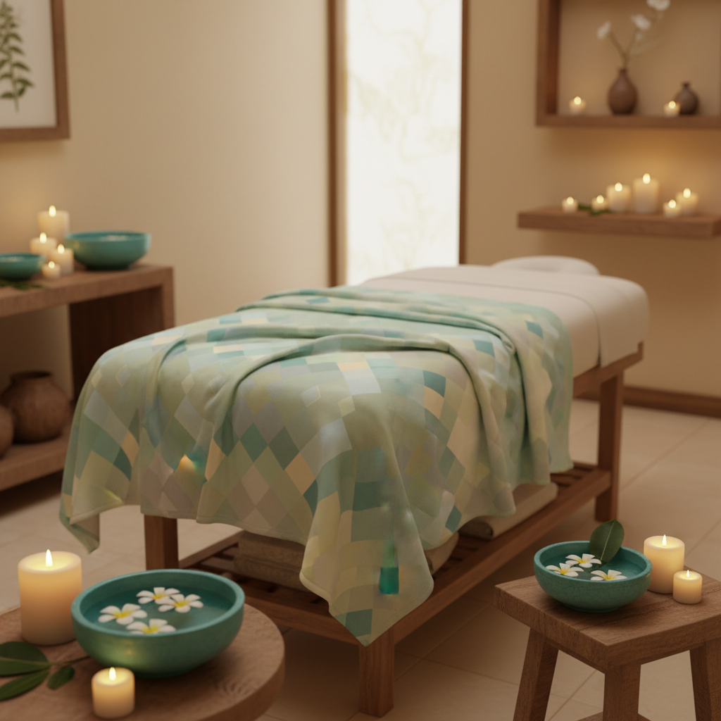 Turquoise cream geometric beach towel on massage bed spa treatment room cream beige walls turquoise bowls aromatherapy candles peaceful luxury