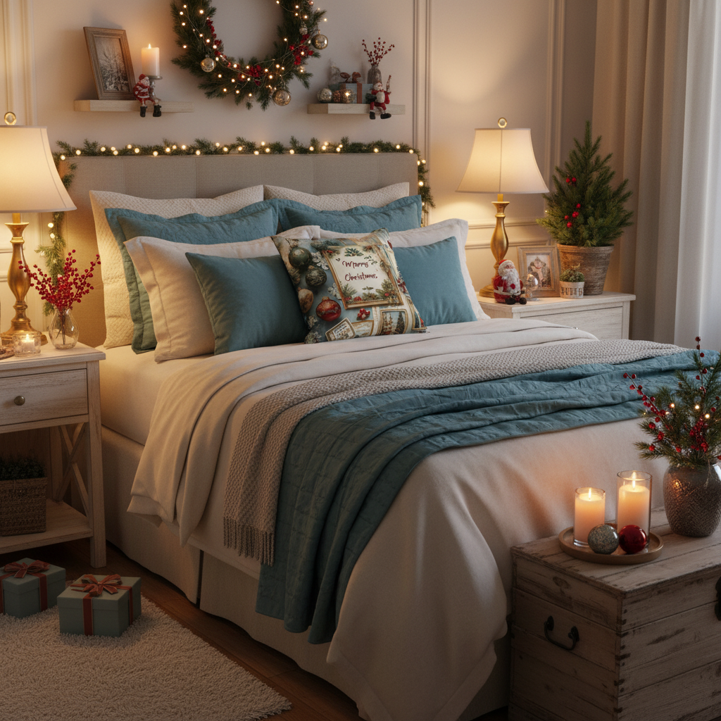 Warm Christmas bedroom with Merry Christmas pillowcase