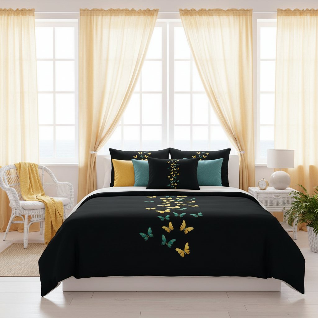 Warm coastal bedroom with butterfly print bedding and layered yellow and teal cushions