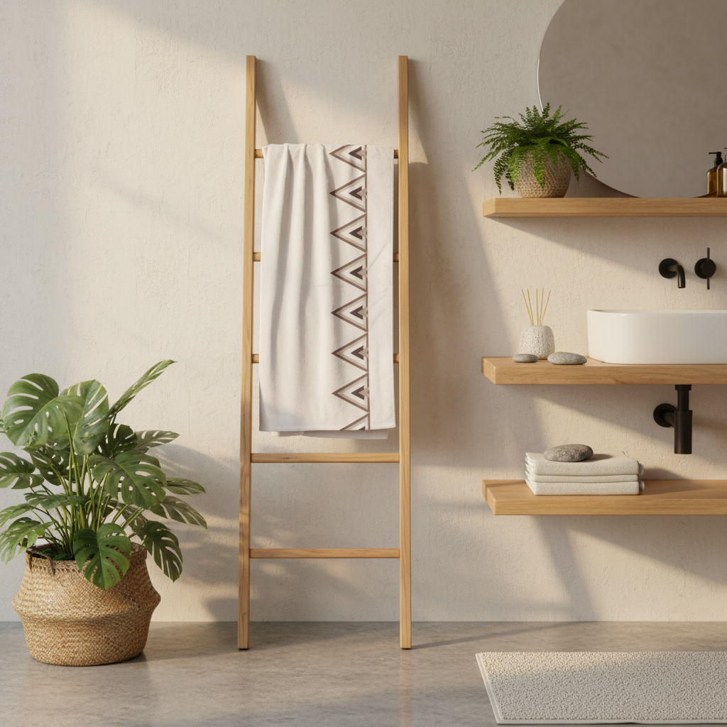 Warm neutral bathroom with beige geometric towel on ladder