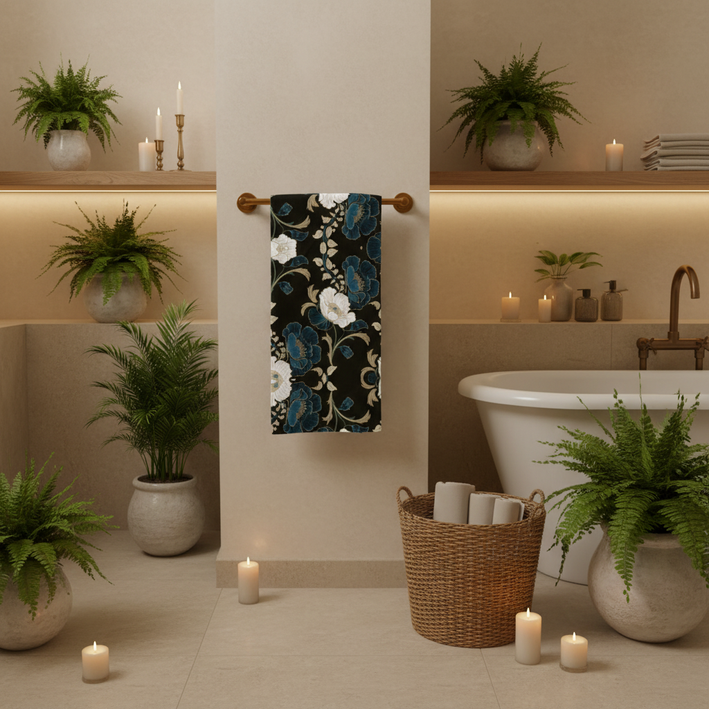 Warm neutral bathroom with botanical towel, plants and candles