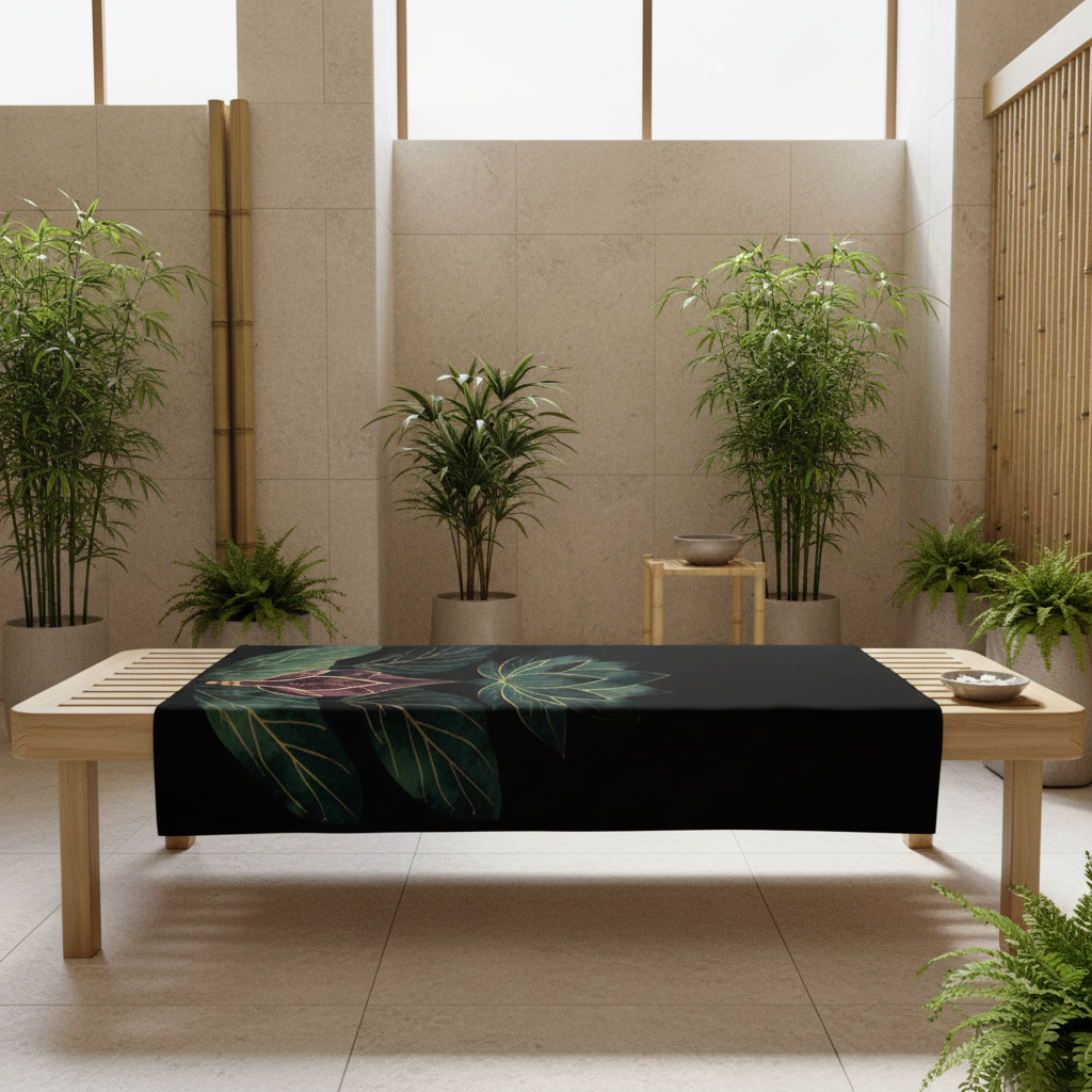 Wellness spa with large lotus beach towel spread on long wooden bench