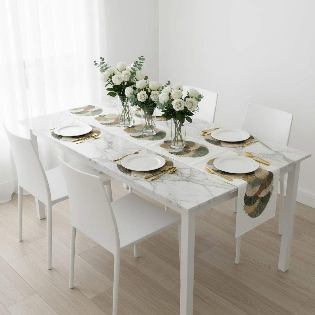White dining room with table runner