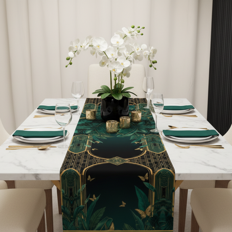 White dining table with Emerald Plants runner complete design