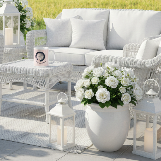White farmhouse patio white rattan furniture white decorations white lanterns journey begins mug farm fields sunny