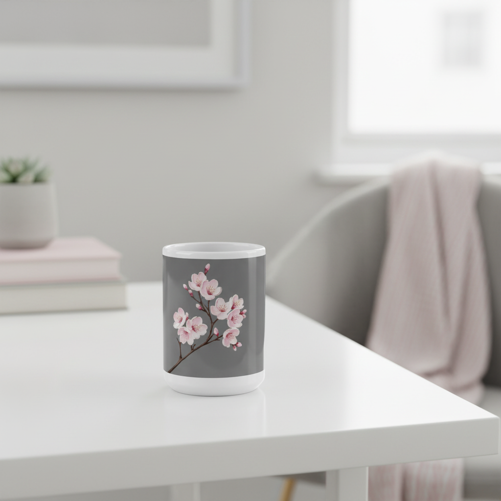 White glossy mug with sakura pattern detail