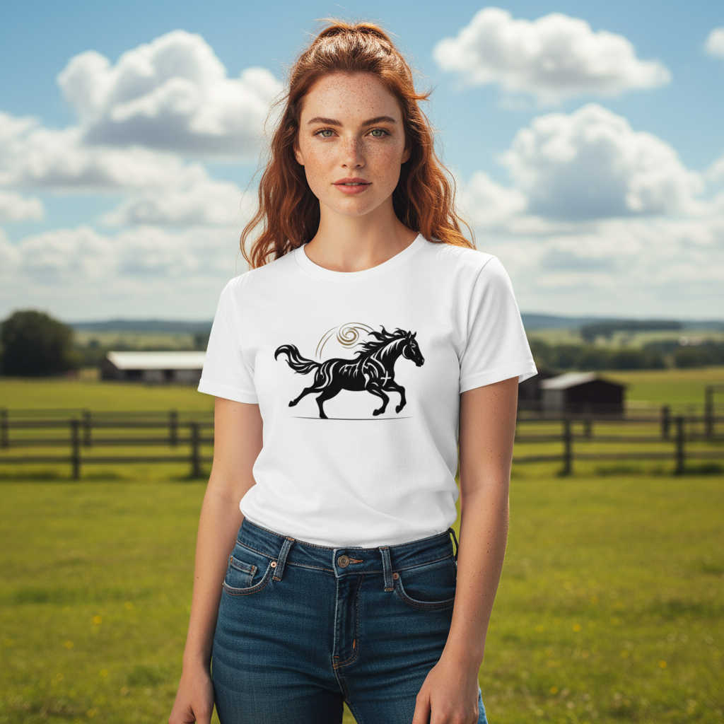 Woman modeling white Wild Horse unisex t-shirt outdoors - Symbol of freedom and strength, perfect for horse lovers