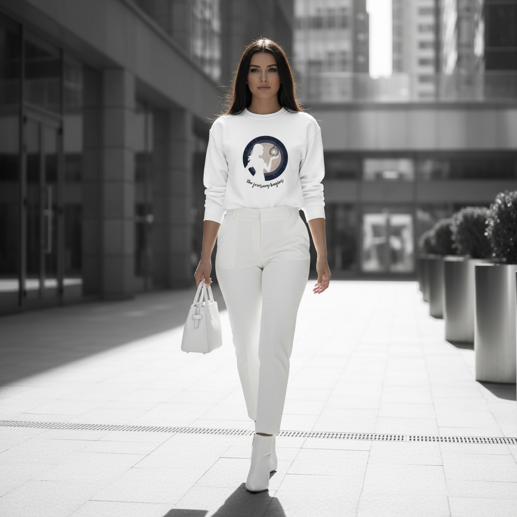 White journey begins sweatshirt white tapered trousers white boots white bag monochromatic sophisticated