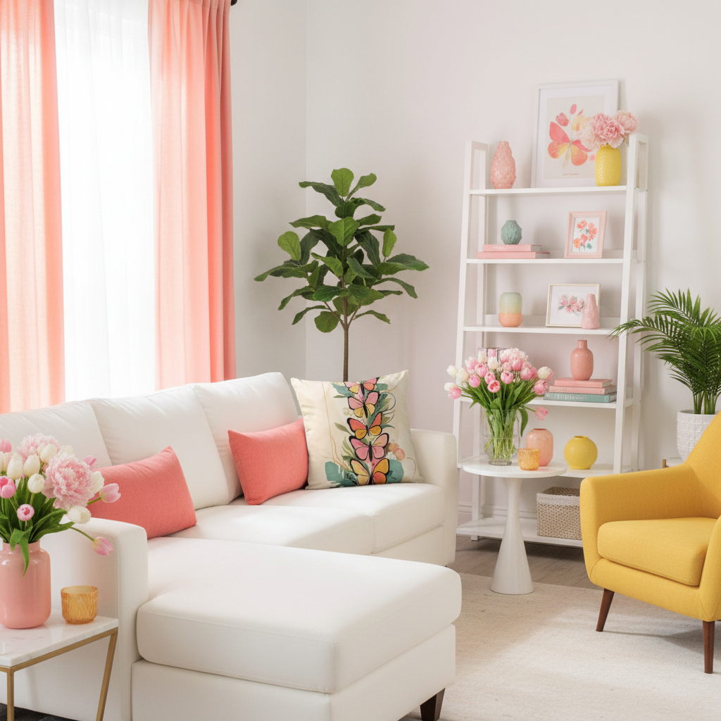 White living room with coral pink curtains, butterfly pillow and spring floral arrangements