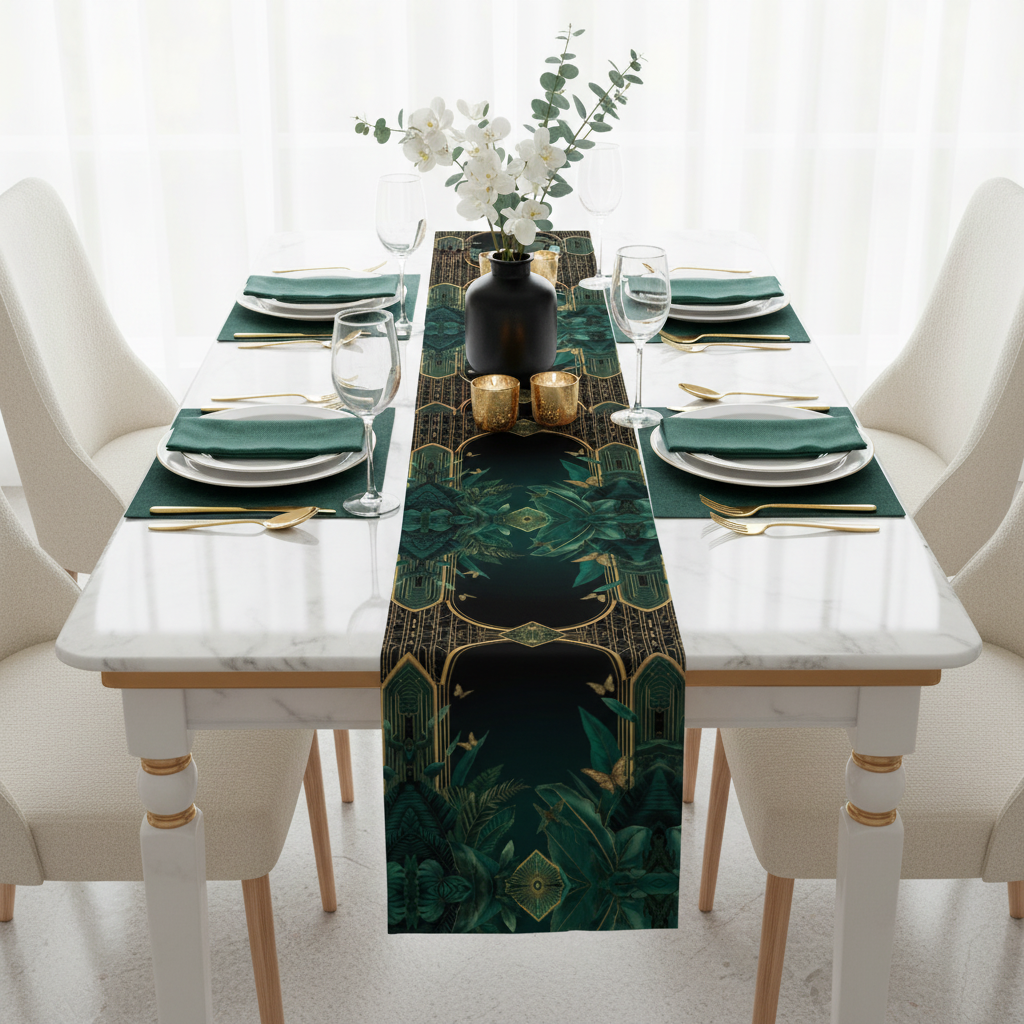 White marble dining with Emerald Plants runner exact pattern
