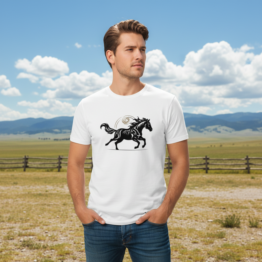 Man modeling white Wild Horse unisex t-shirt outdoors - Symbol of freedom, strength and wild spirit