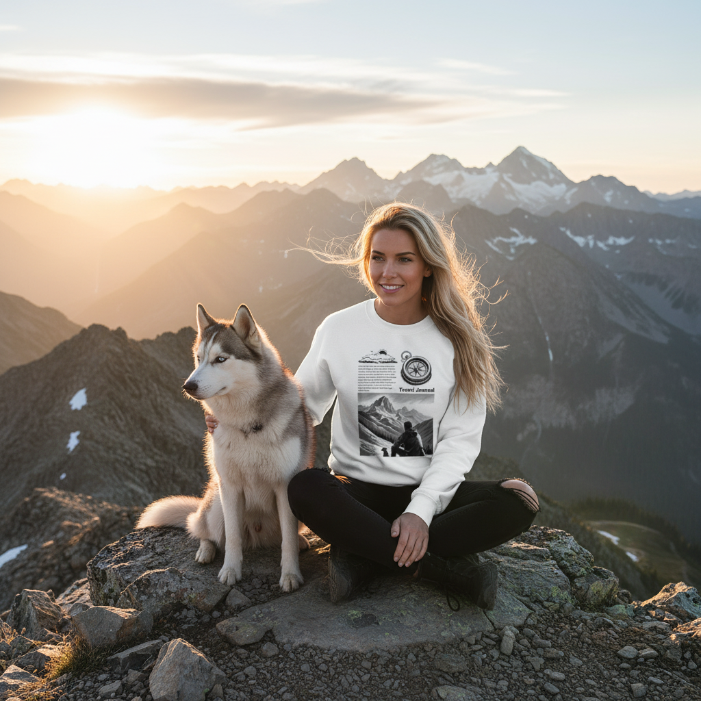 White Travel Journal sweatshirt mountain summit with husky dog sunrise