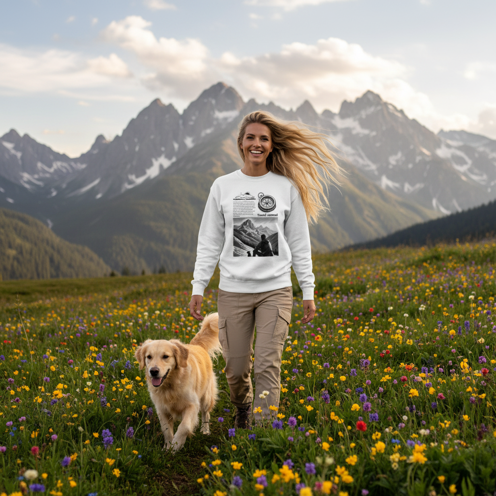White Travel Journal sweatshirt with beige cargo pants alpine meadow