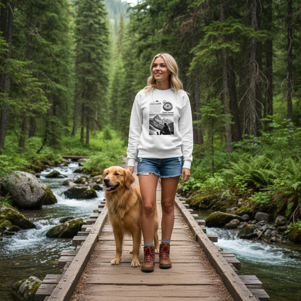 White Travel Journal sweatshirt with denim shorts wooden bridge forest