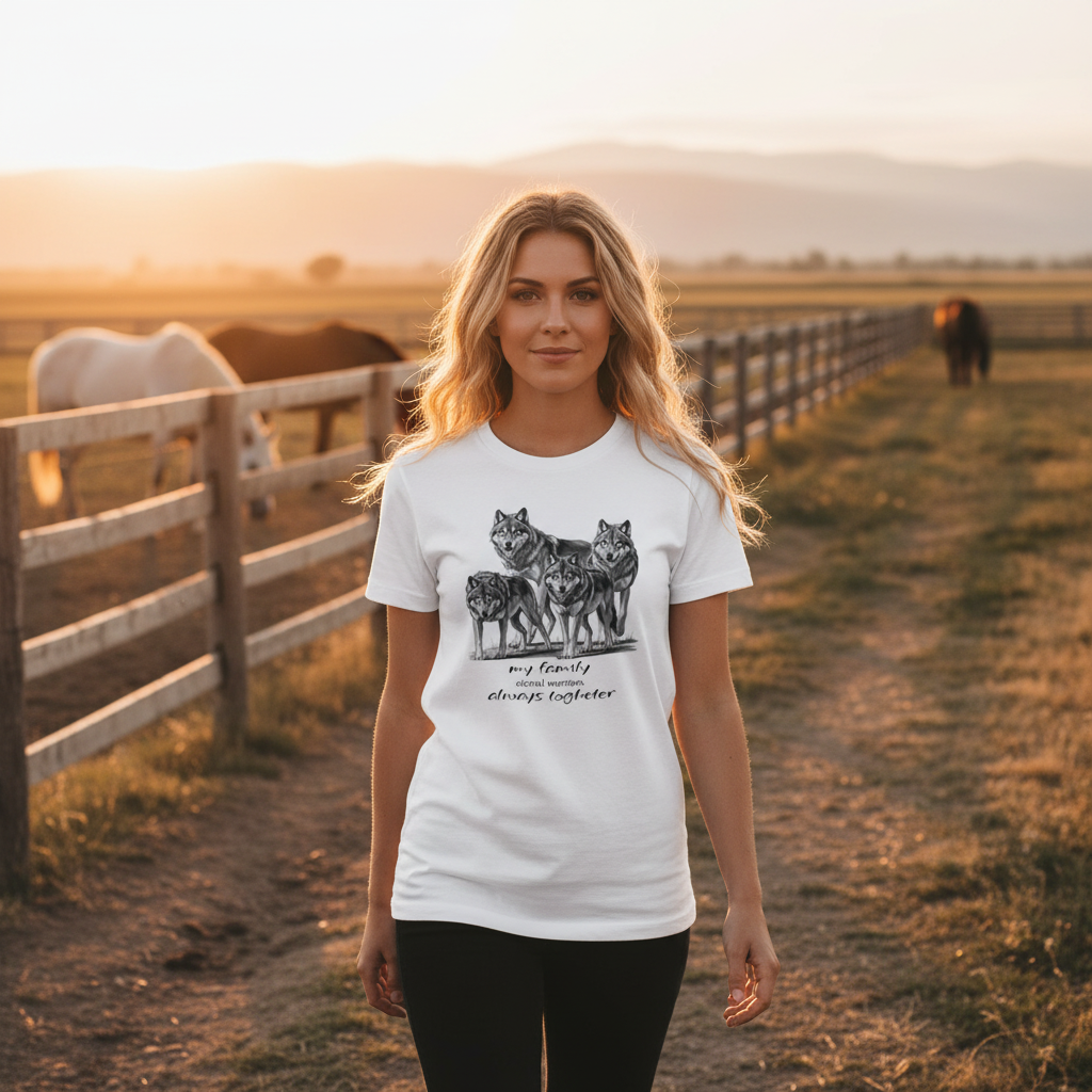 White wolf pack t-shirt blonde woman Canadian ranch horses