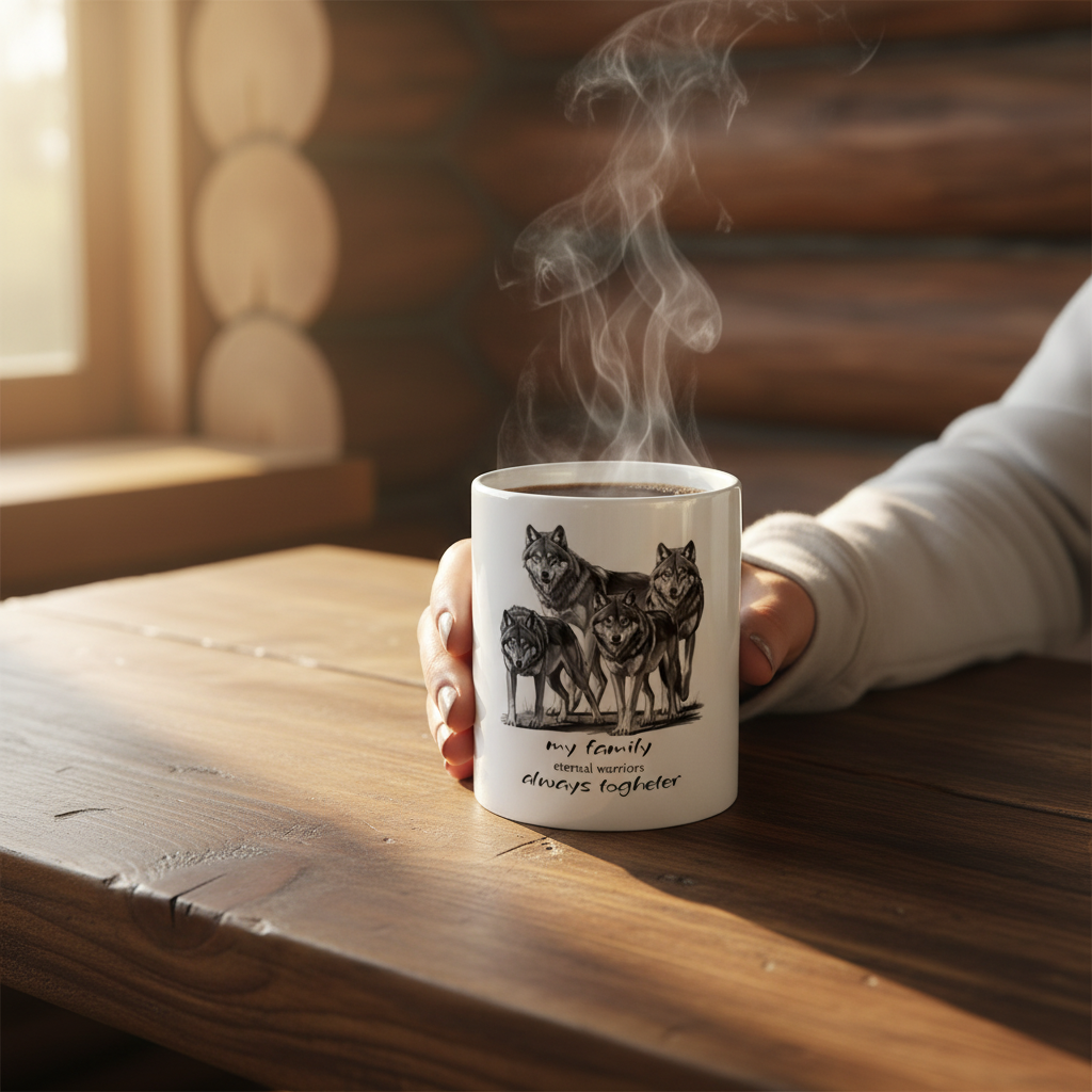 Wolf mug close-up hands wooden table Canadian cabin morning coffee