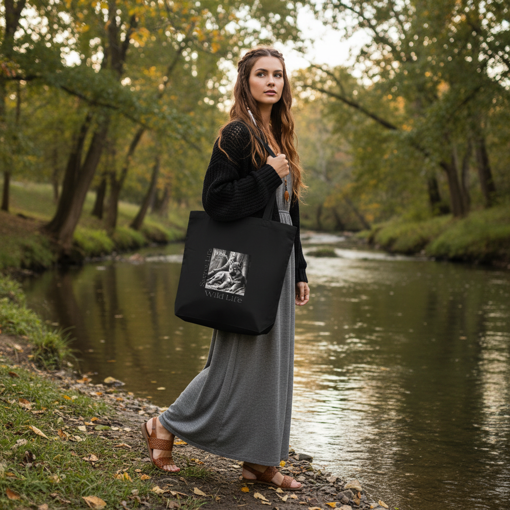Wolf tote bag bohemian grey dress river nature peaceful
