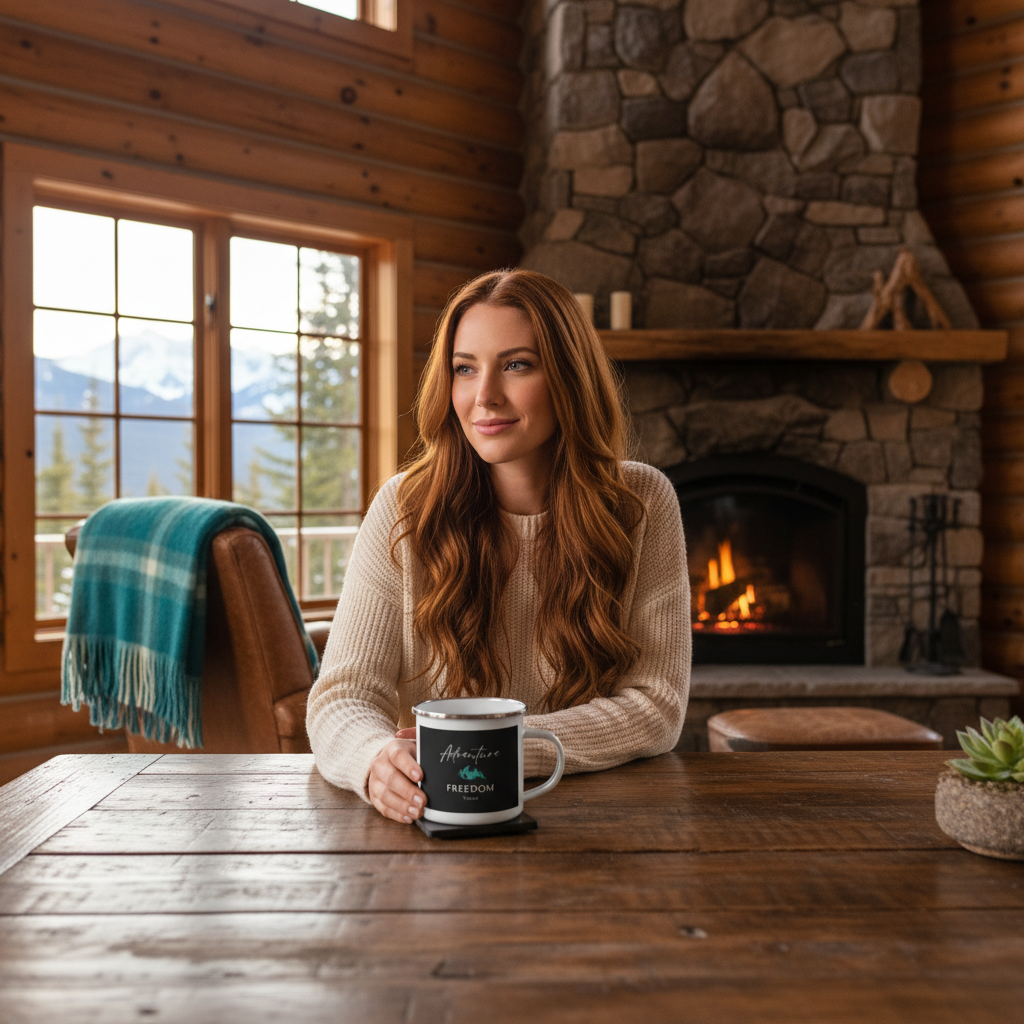 Woman at rustic table in log cabin with Adventure Freedom Travel enamel mug