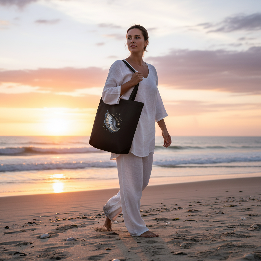 Woman carrying Night Wing tote bag on beach at sunset