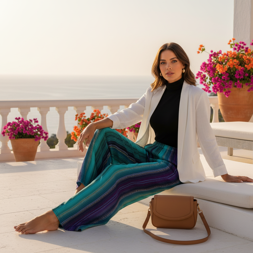 Woman crystal pants black turtleneck white linen jacket terrace